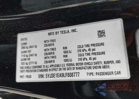 2020 Tesla Model 3 Standard Range Plus Rear-Wheel Drive/Standard Range Rear-Wheel Drive from USA, damaged, VIN 5YJ3E1EA9LF808777